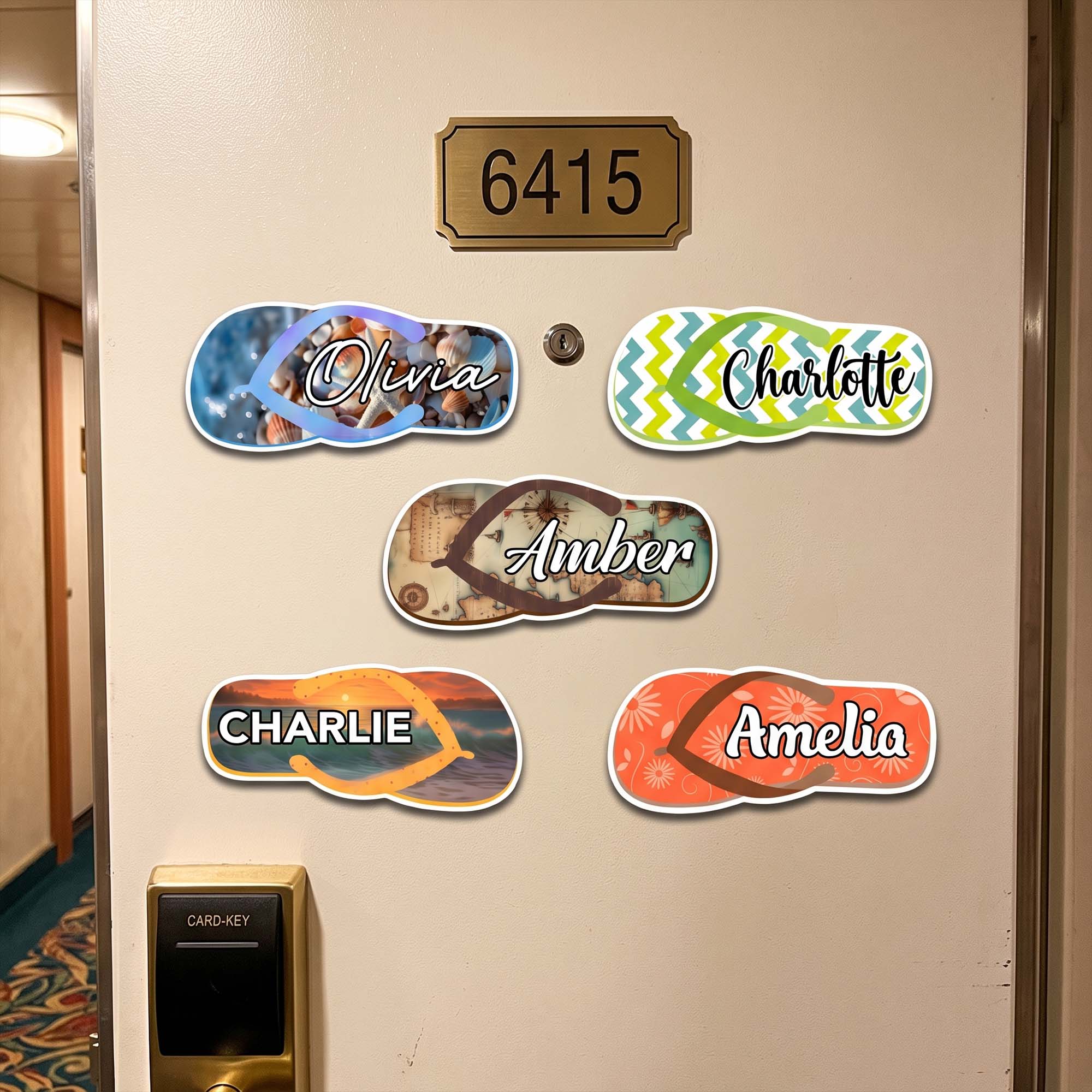 Summer-Flip-Flops-Cruise-Door-Signs-Stateroom-Decor-Cruising-Family-Vacation,-Girls-Trip-Personalized-Magnet-1