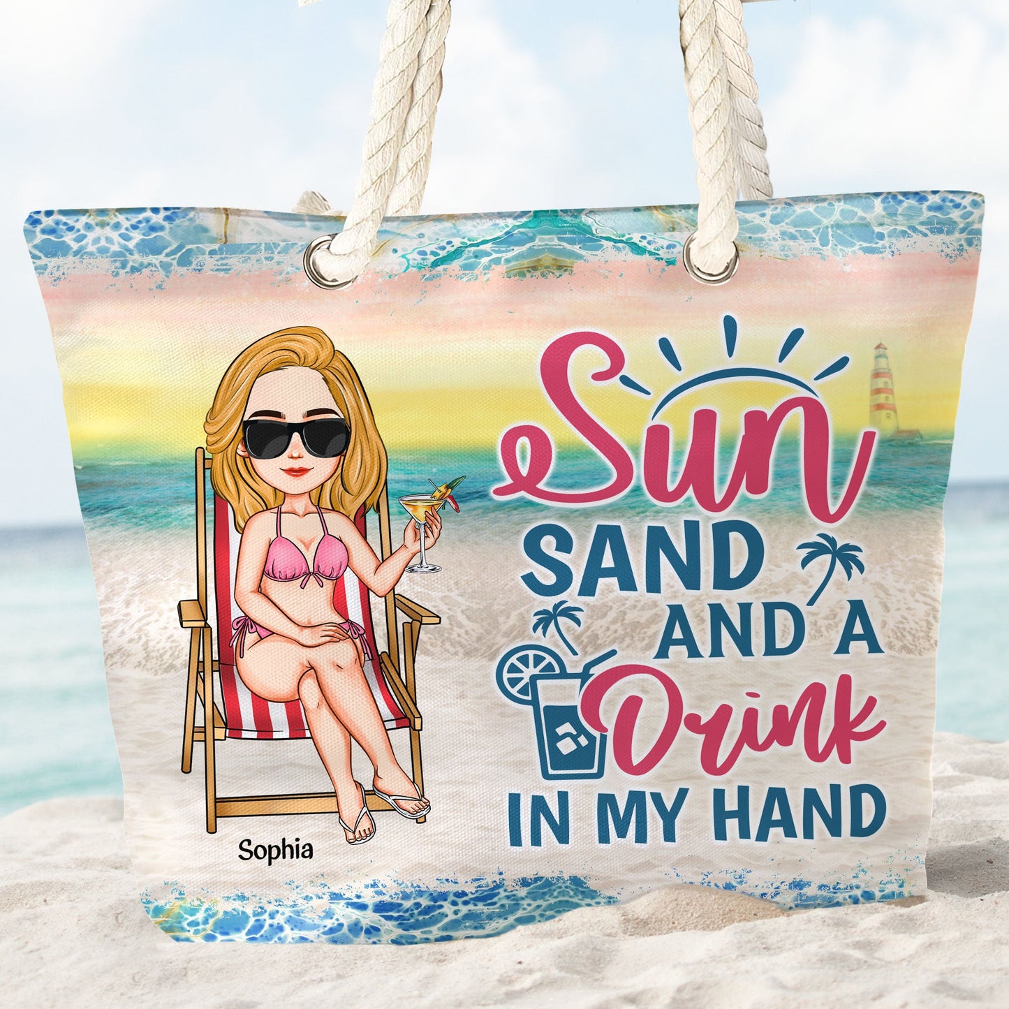 Sun, Sand And A Drink In My Hand - Personalized Beach Bag