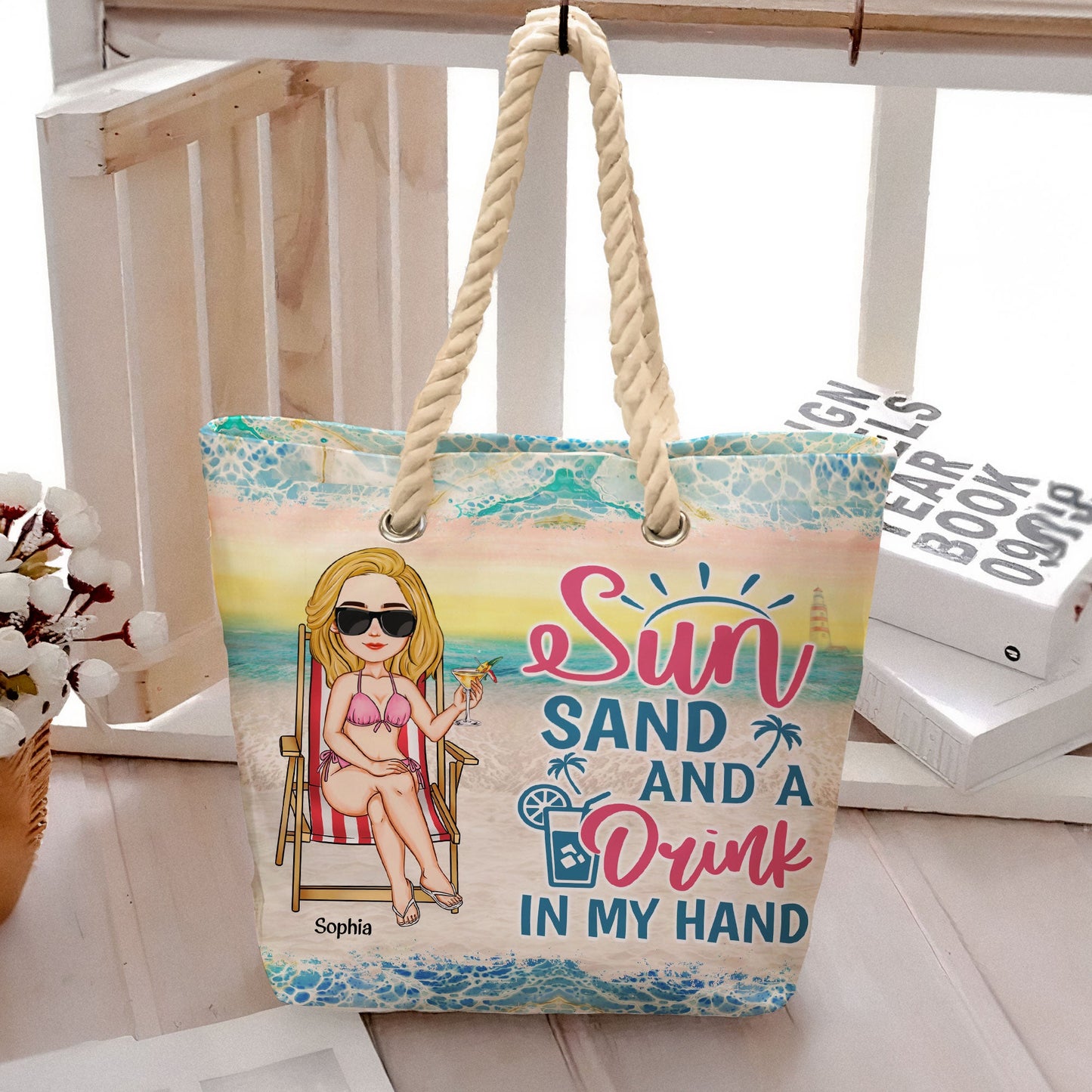 Sun, Sand And A Drink In My Hand - Personalized Beach Bag