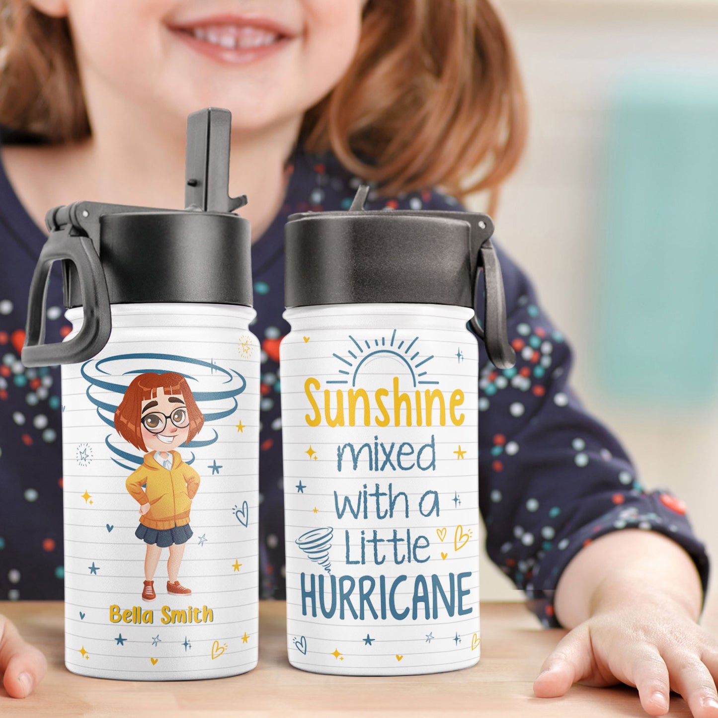 Sunshine Mixed With A Hurricane - Personalized Kids Water Bottle With Straw Lid