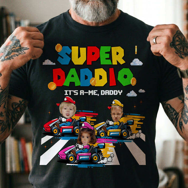 Super-Daddio-Gaming-Dad-Gift-With-Kids'-Faces-Personalized-Shirt-1