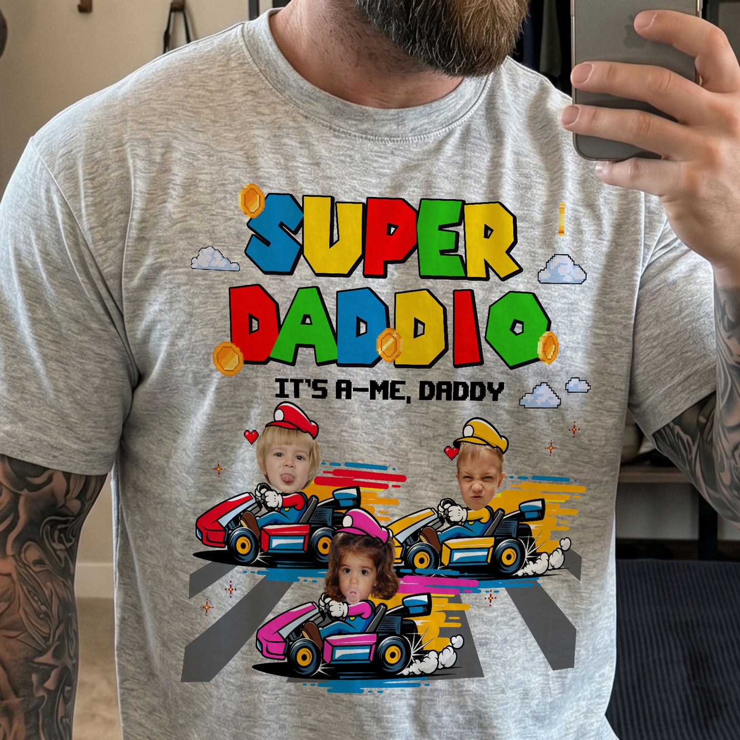 Super-Daddio-Gaming-Dad-Gift-With-Kids'-Faces-Personalized-Shirt-2