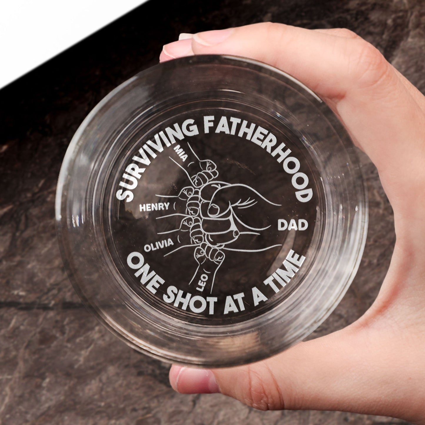 Surviving Fatherhood One Shot At A Time  - Personalized Engraved Whiskey Glass