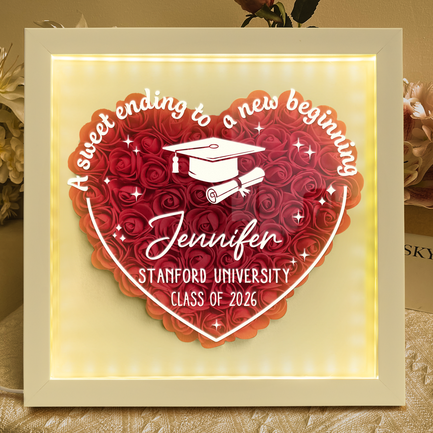 Sweet Ending To New Beginning - Personalized Flower Shadow Box With LED Light