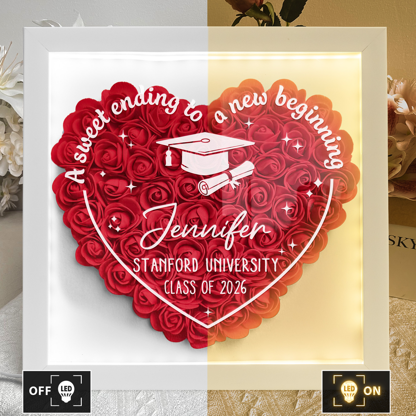 Sweet Ending To New Beginning - Personalized Flower Shadow Box With LED Light