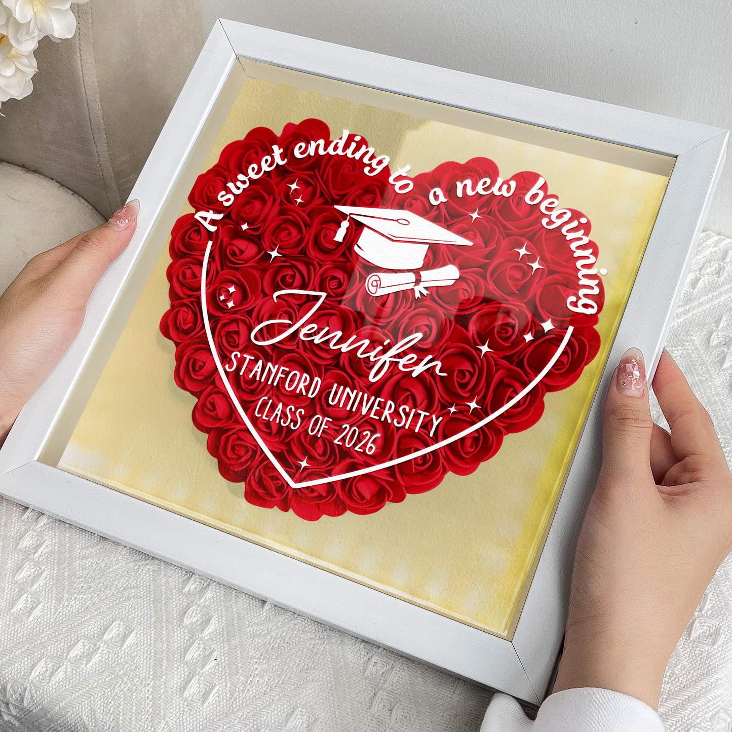 Sweet Ending To New Beginning - Personalized Flower Shadow Box With LED Light