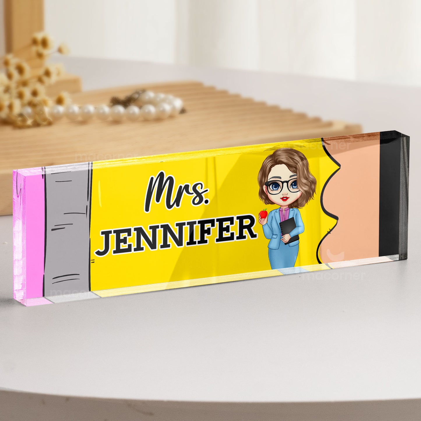 Teacher Desk Name Plate With Pencil Pattern - Personalized Name Plate