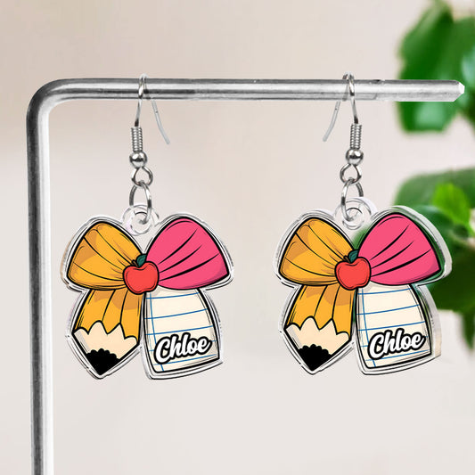 Teacher Gift Custom Name Pencil Crayon Bow - Personalized Acrylic Earrings