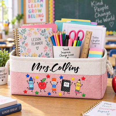 Teacher Life Faux Patchwork School Supplies - Personalized Storage Basket