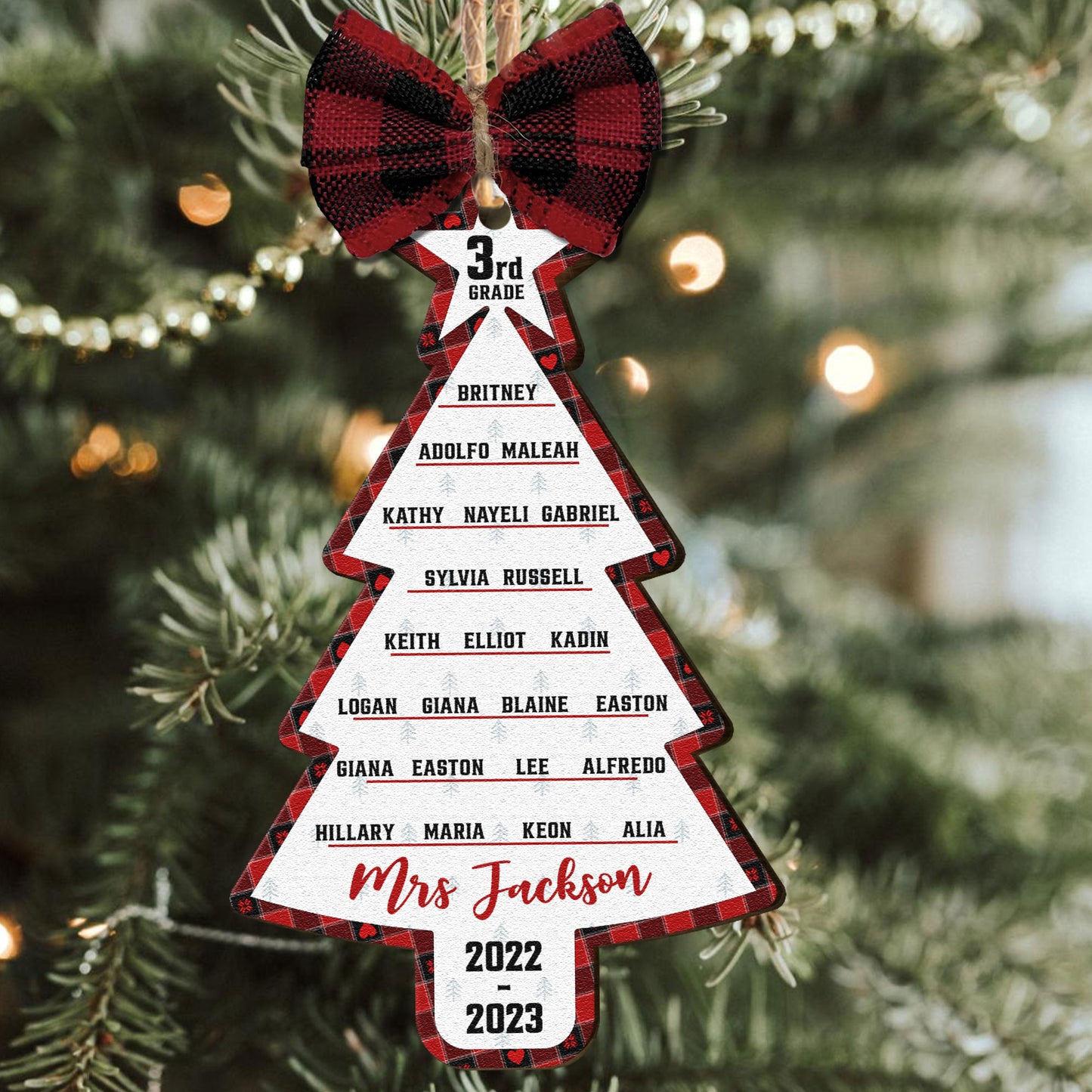 Teacher & Class List - Personalized Wooden Ornament With Bow