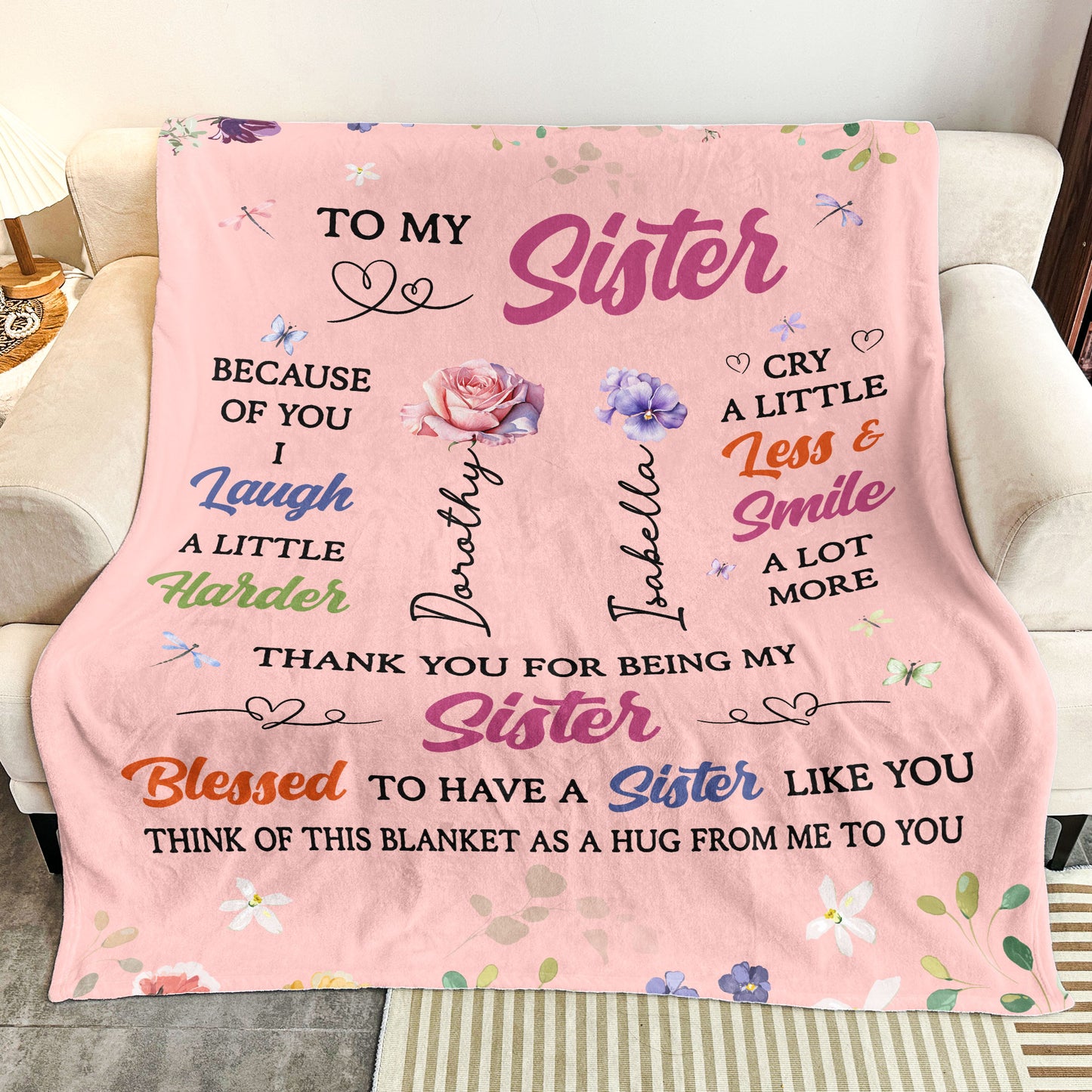 Thank You For Being My Sister, Friend, For Her, Birth Flower - Personalized Blanket