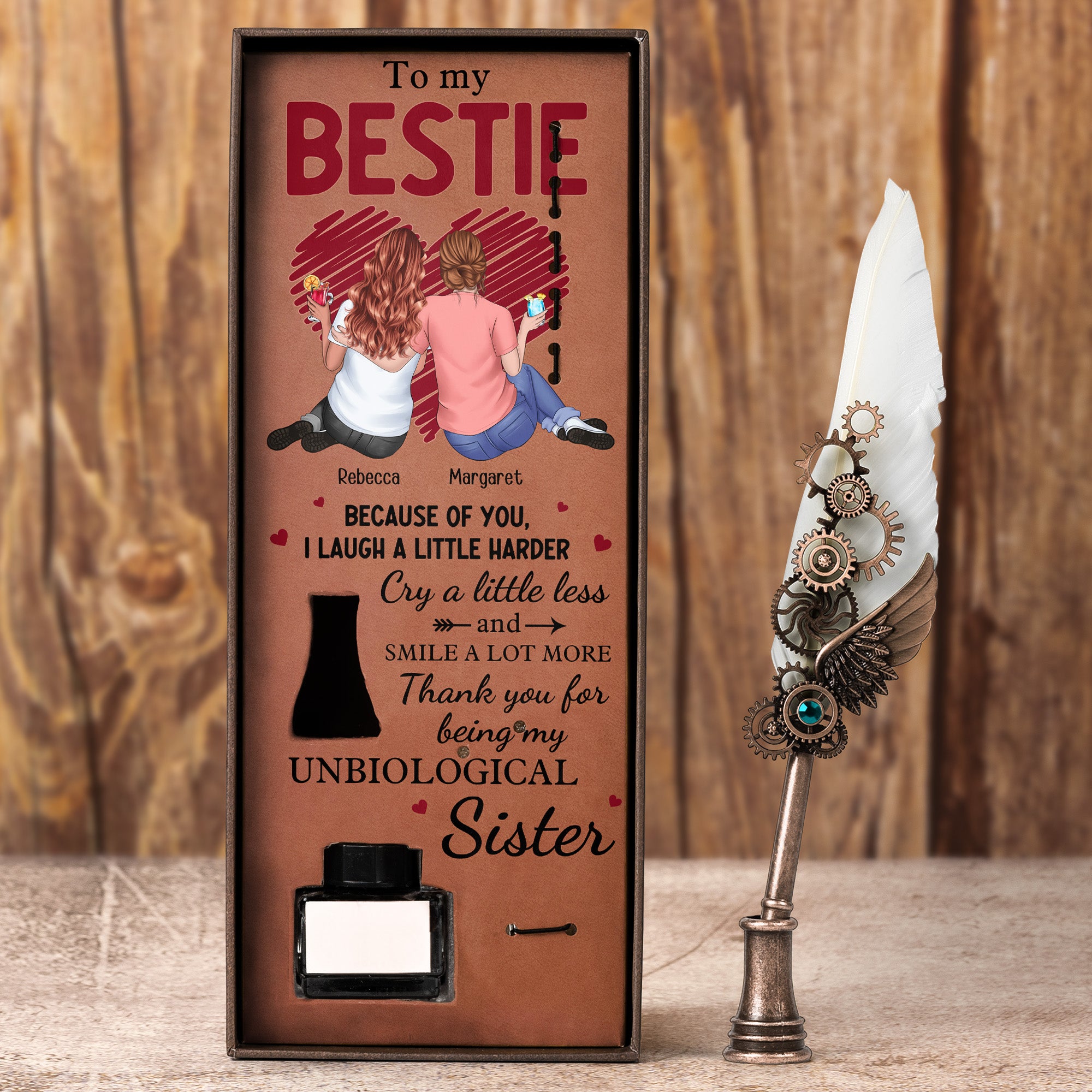 Thank You For Being My Unbiological Sister - Feather Pen Set With Custom Card