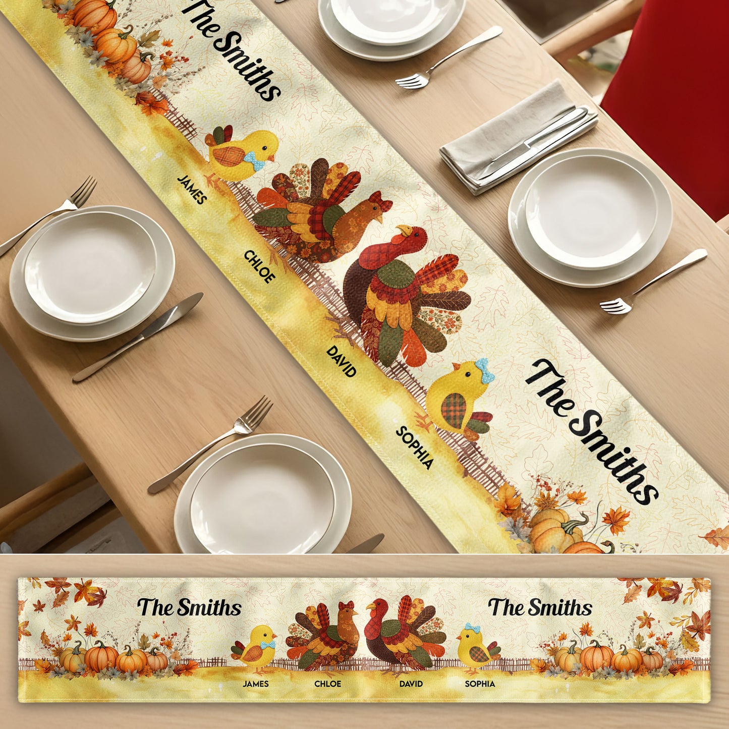 Thankful Goose Turkey Autumn Leaves Cozy Fall Decor - Personalized Table Runner