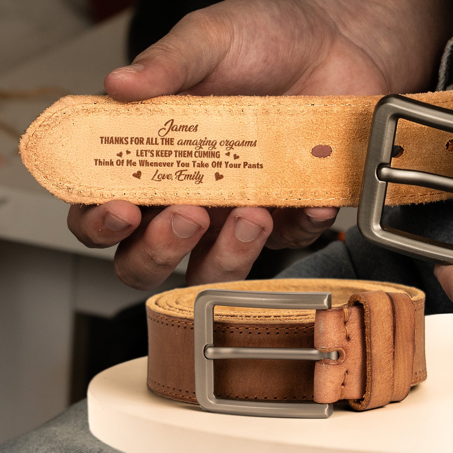 Thanks For All The Amazing Orgasms - Personalized Cowhide Belt