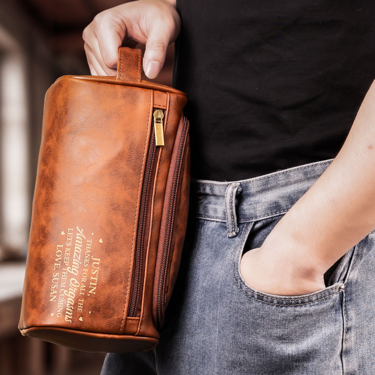 Thanks For All The Amazing Orgasms - Personalized Leather Toiletry Bag