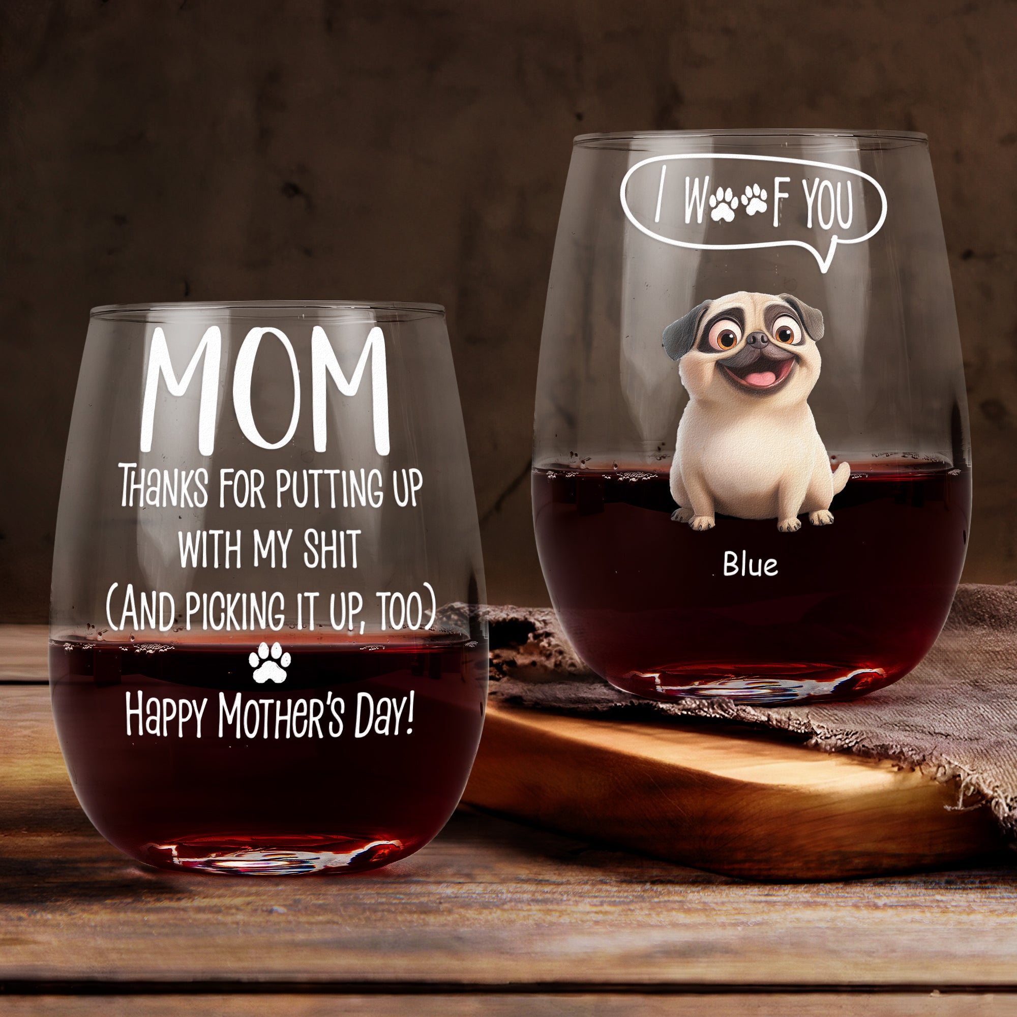 Thanks Mom I Woof You Dog Mom Gift - Personalized Stemless Wine Glass