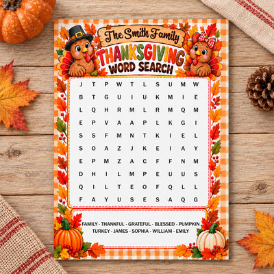 Thanksgiving Word Search, Thanksgiving Word Scramble- Thanksgiving Family Game - Personalized Cards