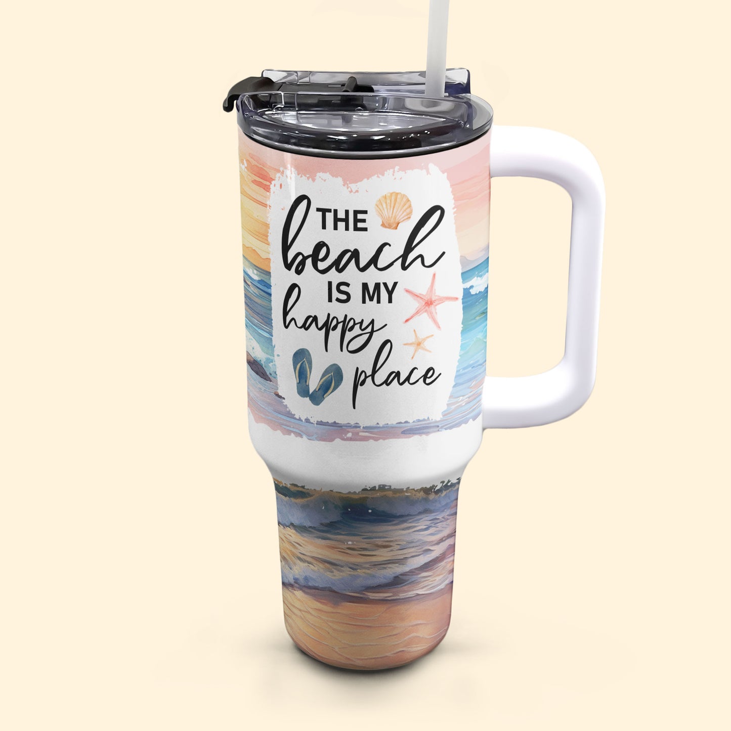 The Beach Is My Happy Place - Personalized 40oz Tumbler With Straw
