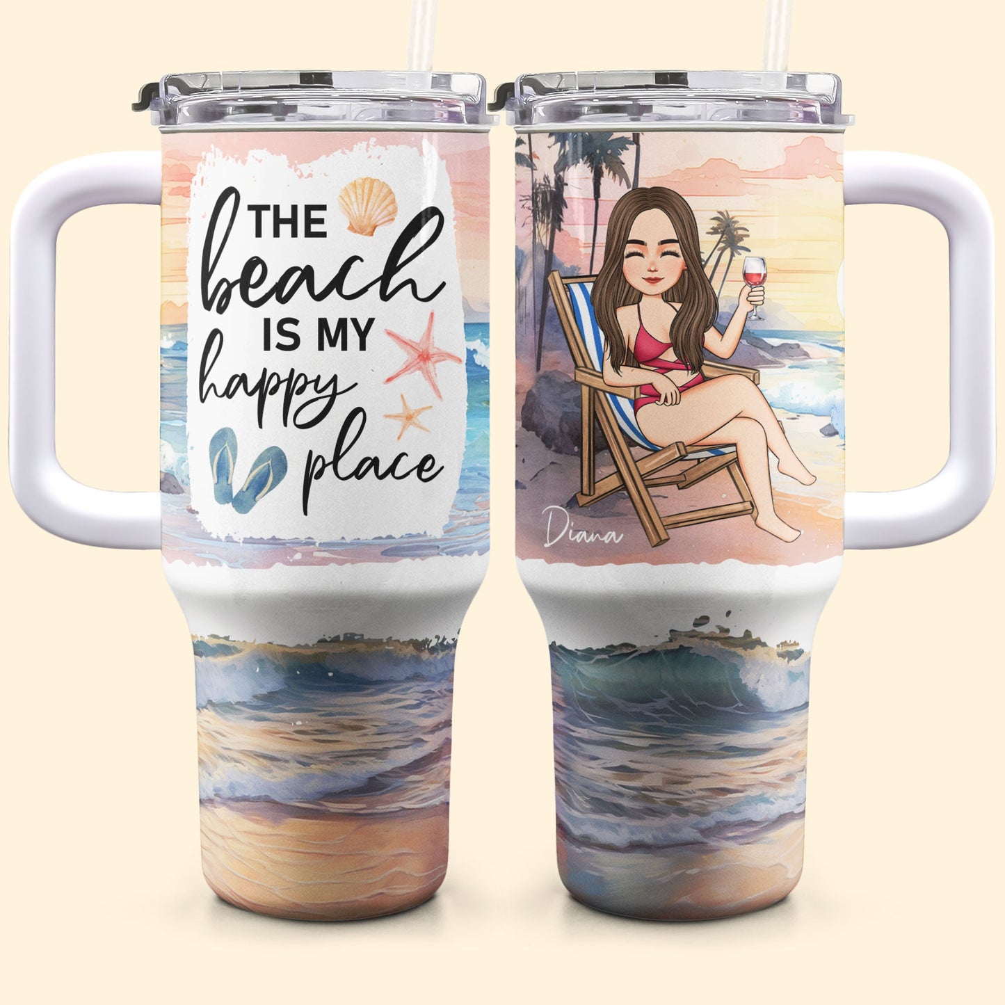 The Beach Is My Happy Place - Personalized 40oz Tumbler With Straw