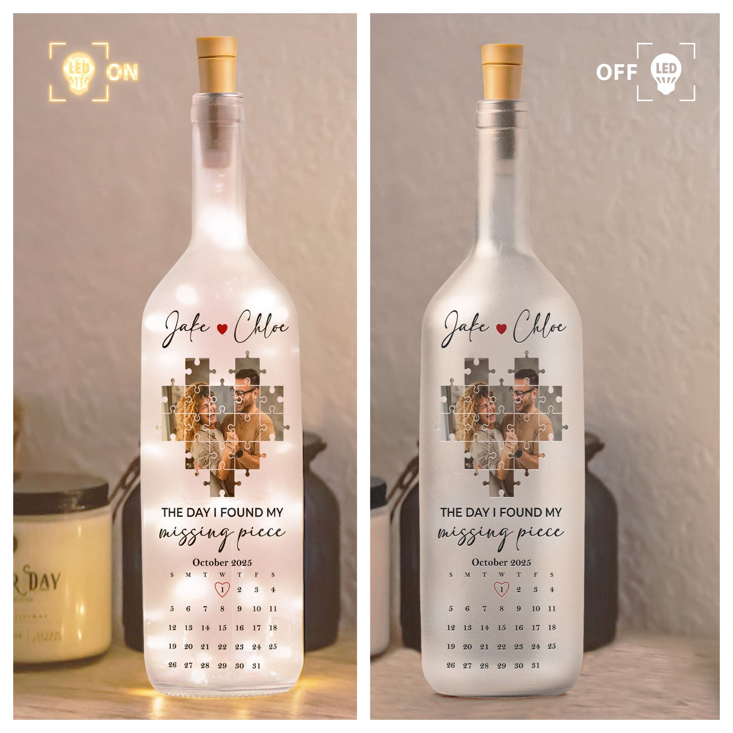 The Day I Found My Missing Piece Couple Gift - Personalized Photo Bottle Lamp