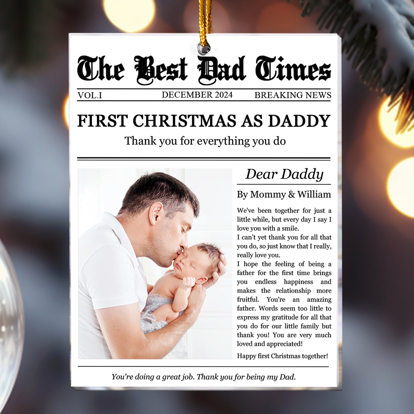 The First Christmas As Daddy Times Newspaper - Personalized Acrylic Photo Ornament