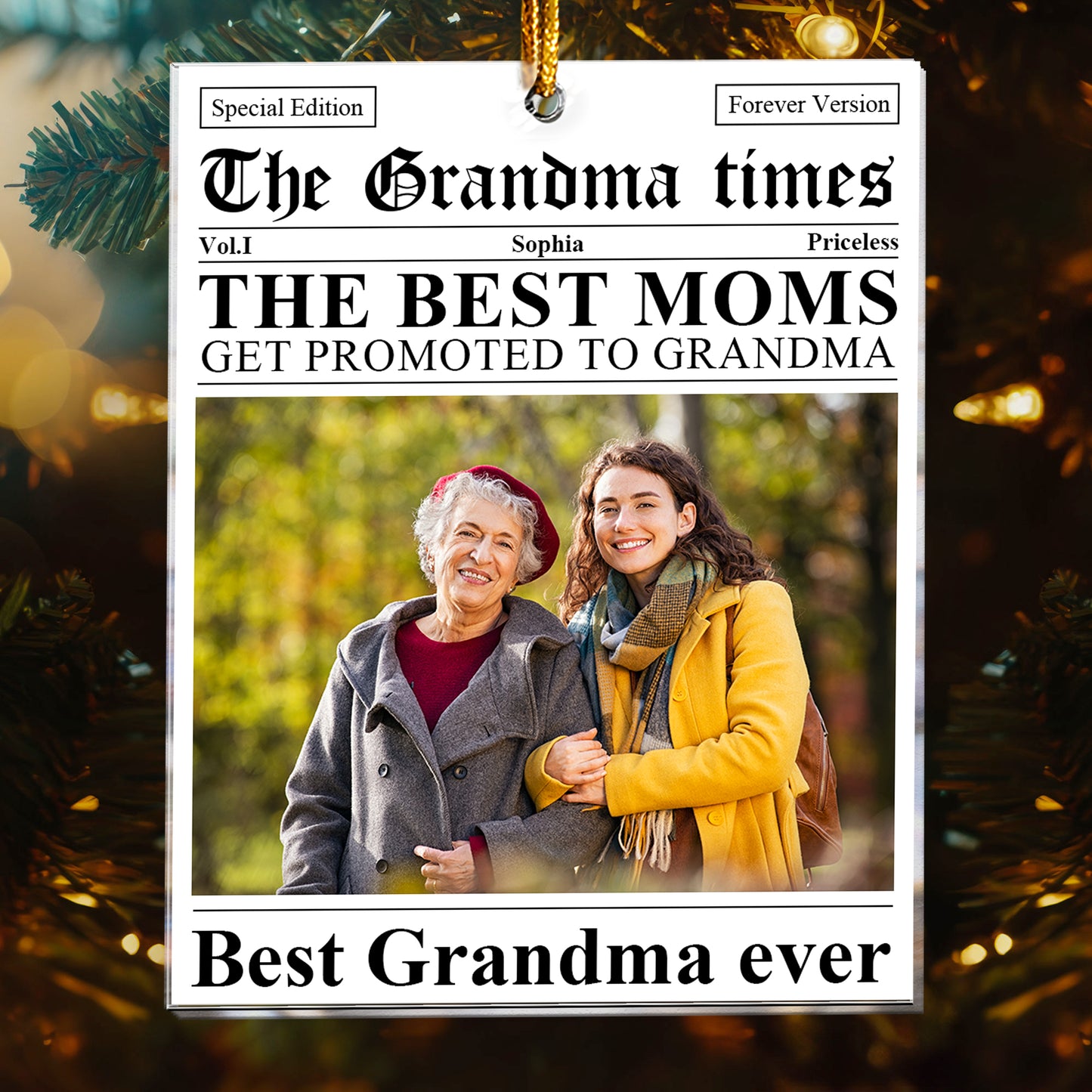 The Grandma Times Grandma Gifts Newspaper - Personalized Acrylic Photo Ornament