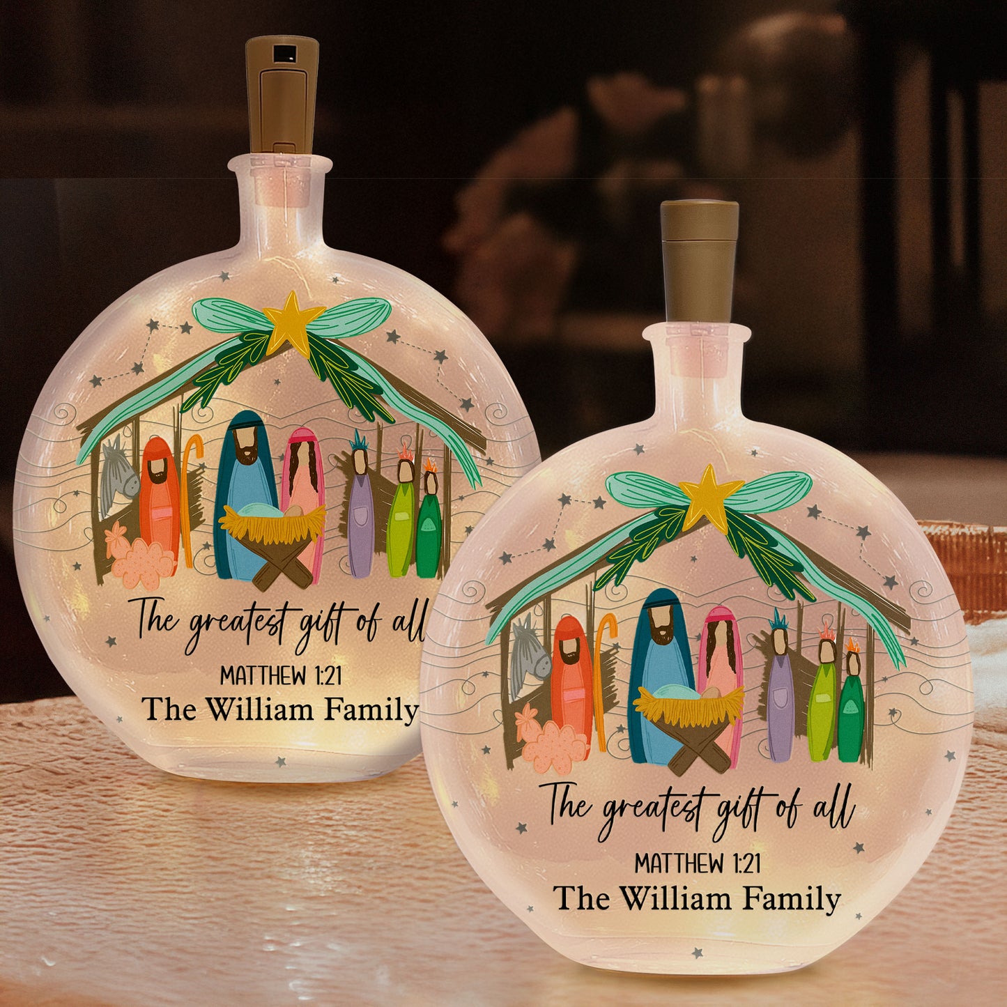 The Greatest Gift Of All Christmas Nativity Scene - Personalized Round Flat Bottle Light