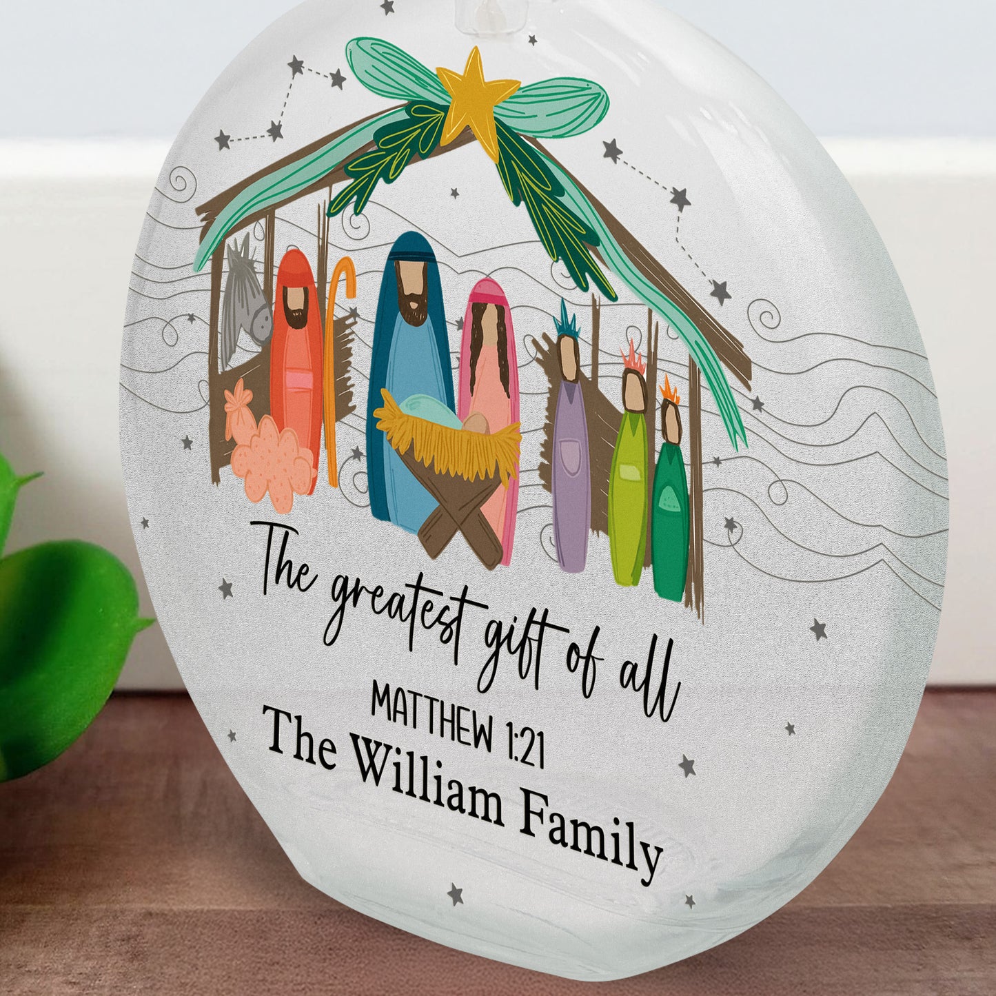 The Greatest Gift Of All Christmas Nativity Scene - Personalized Round Flat Bottle Light