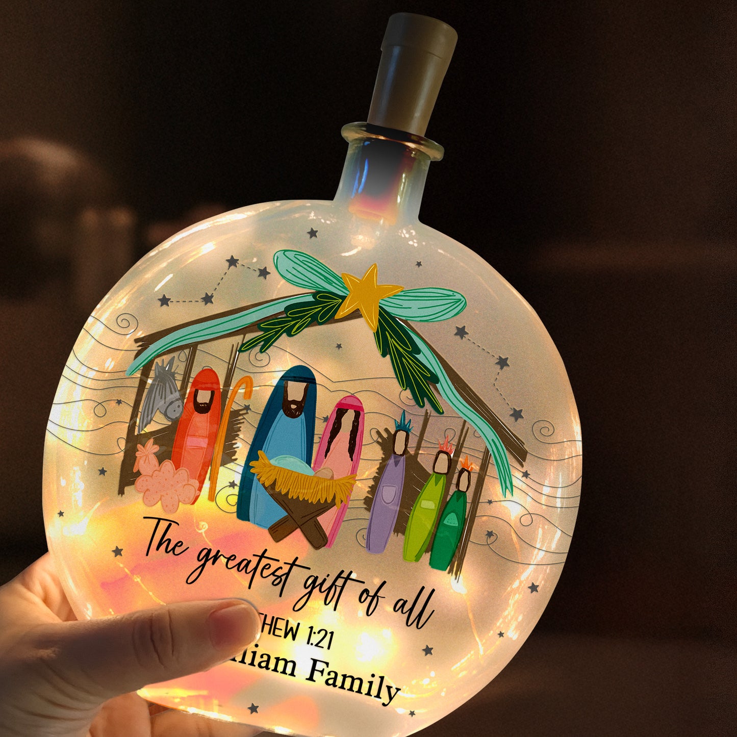 The Greatest Gift Of All Christmas Nativity Scene - Personalized Round Flat Bottle Light