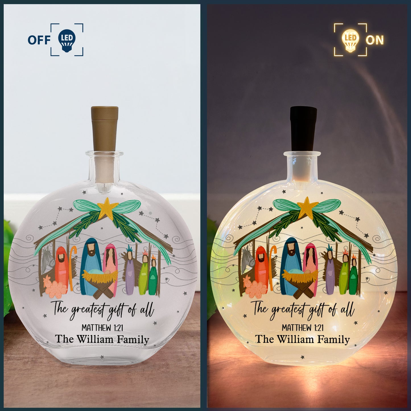 The Greatest Gift Of All Christmas Nativity Scene - Personalized Round Flat Bottle Light
