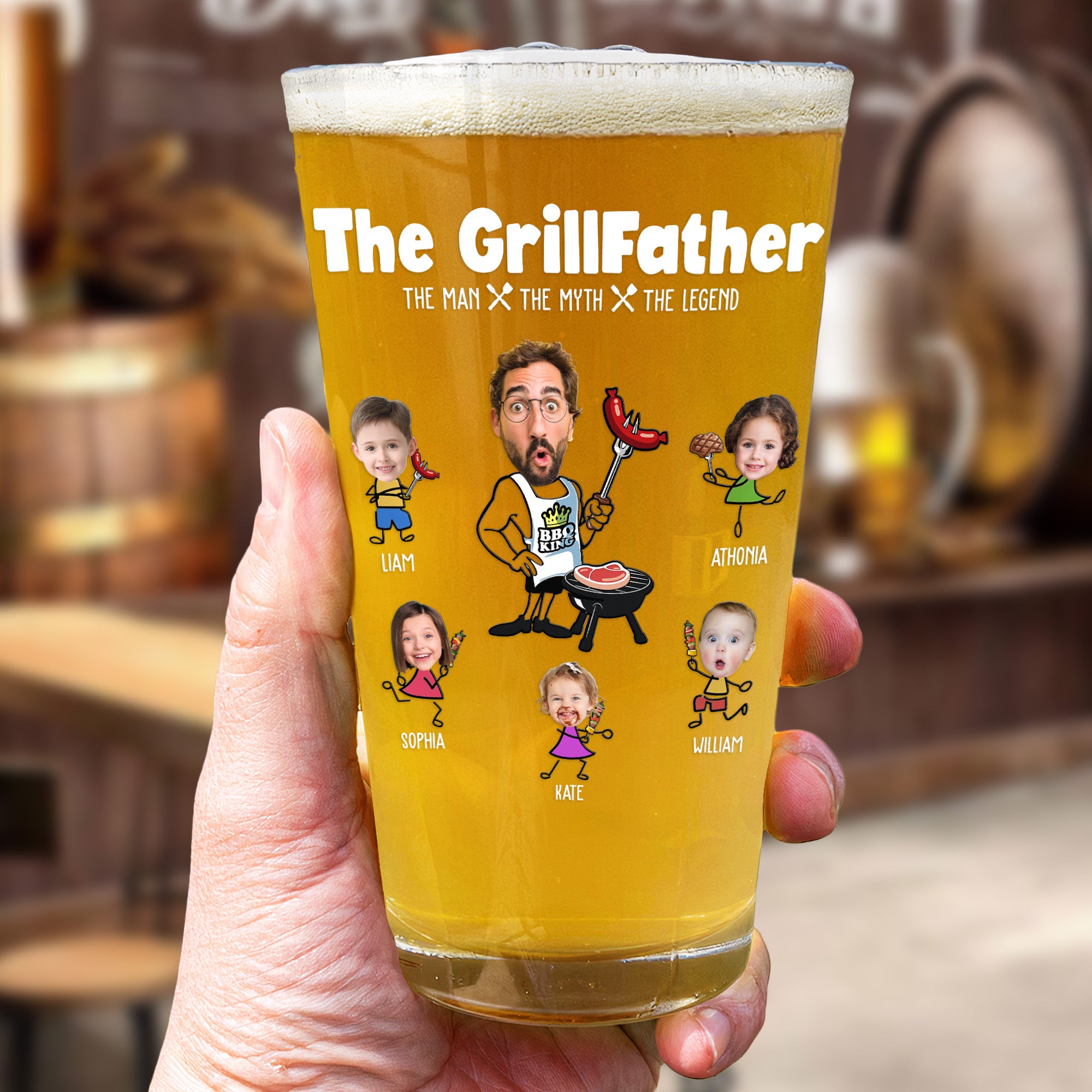 Father's Day Gifts, The Grillfather - Gifts For BBQ Dad From Kids - Personalized Photo Beer Glass