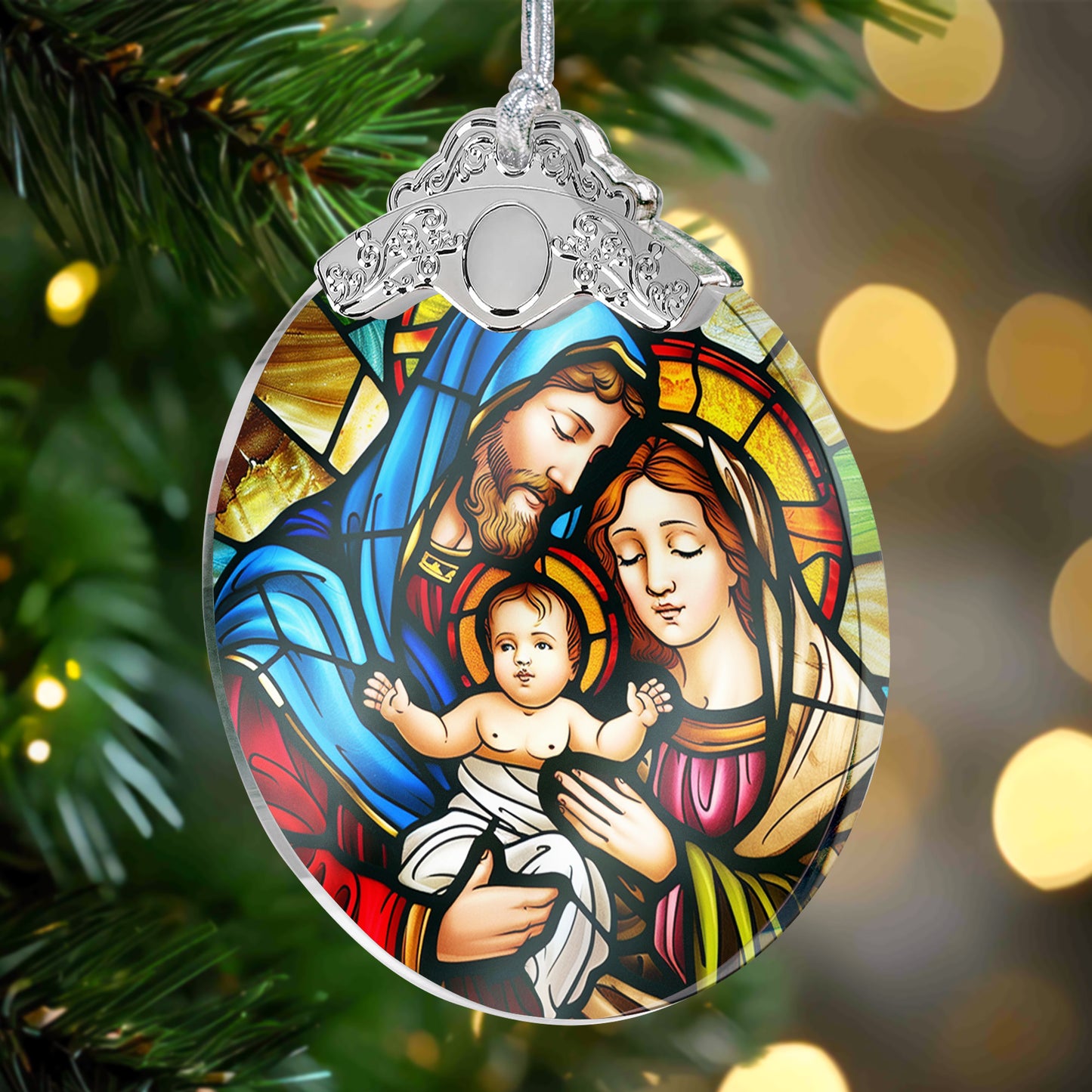 The Holy Family Christmas - Nativity Night - Personalized Glass Ornament With Silver Cap