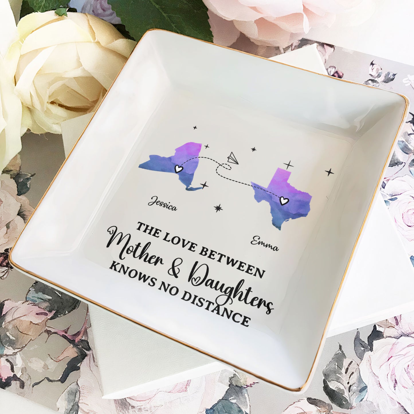 The Love Between Mother & Daughters Knows No Distance - Custom Multiple States - Personalized Jewelry Dish