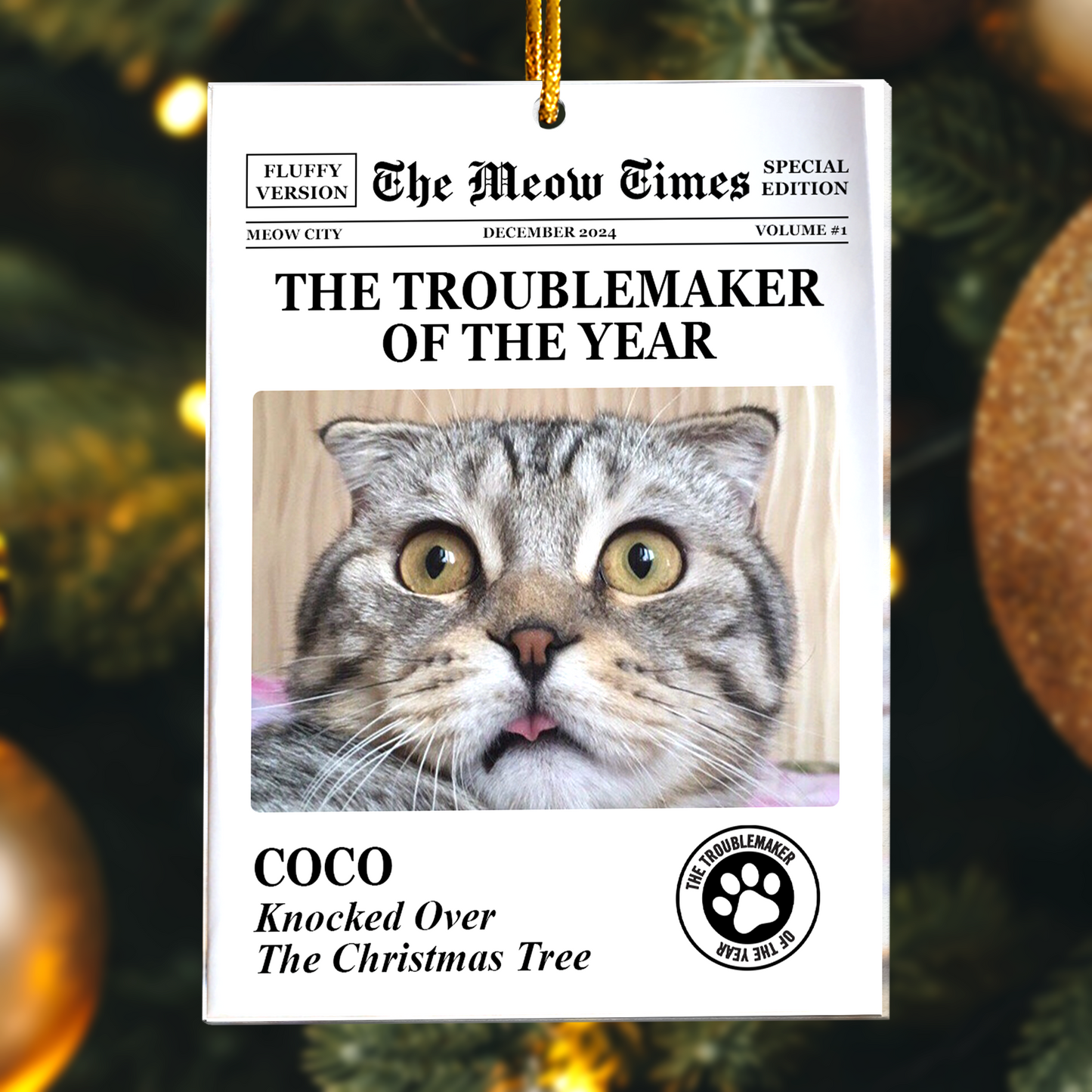 The Meow Times, The Dog Times - Troublemaker Of The Year - Personalized Acrylic Photo Ornament