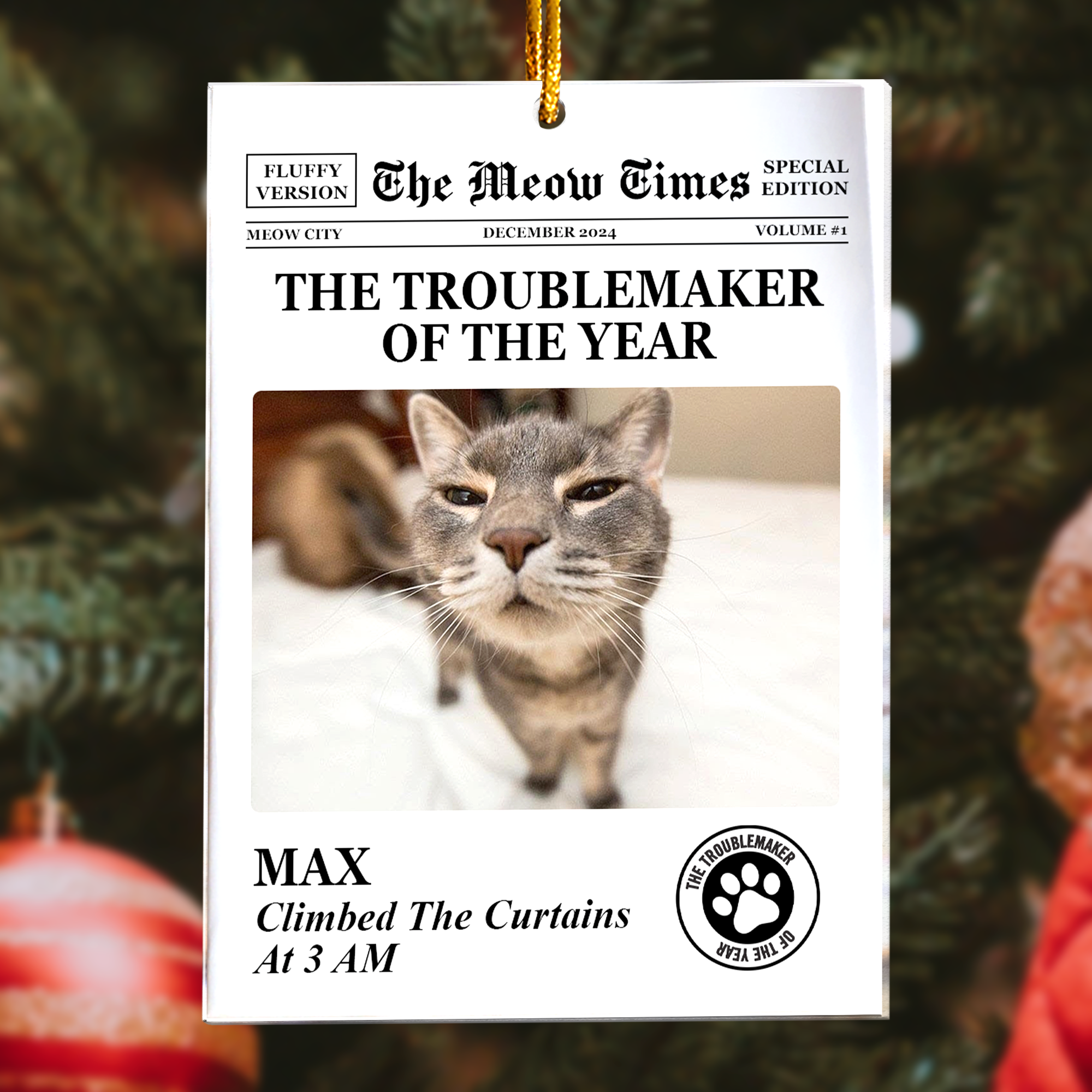 The Meow Times, The Dog Times - Troublemaker Of The Year - Personalized Acrylic Photo Ornament