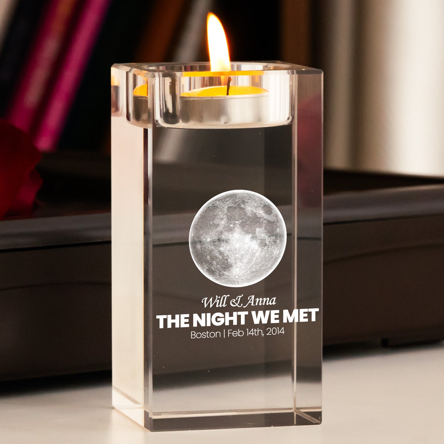 The Night Our Story Began Custom Moon Phase - Personalized 2D Crystal Candle Holder