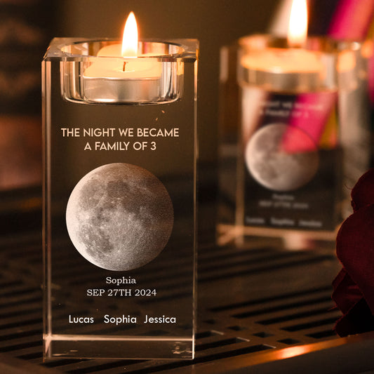 The Night We Became A Family Of 3 - Personalized Crystal Candle Holder - Moon Phase