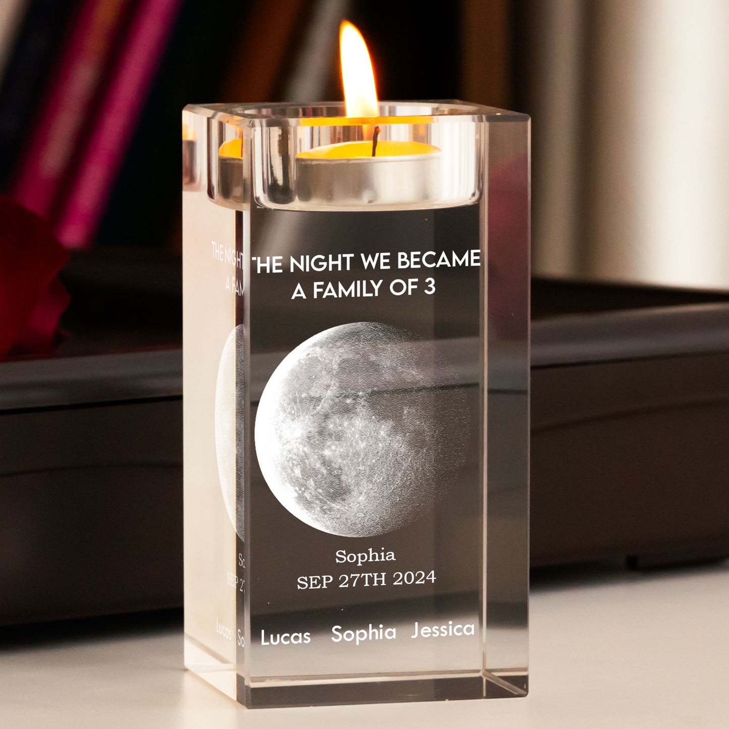 The Night We Became A Family Of 3 - Personalized Crystal Candle Holder - Moon Phase