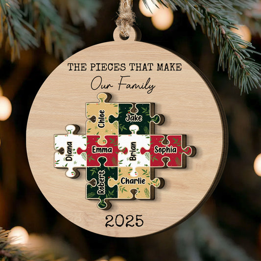 The Pieces That Make Our Family Christmas 2 Layers Ornament - Personalized Wooden Ornament
