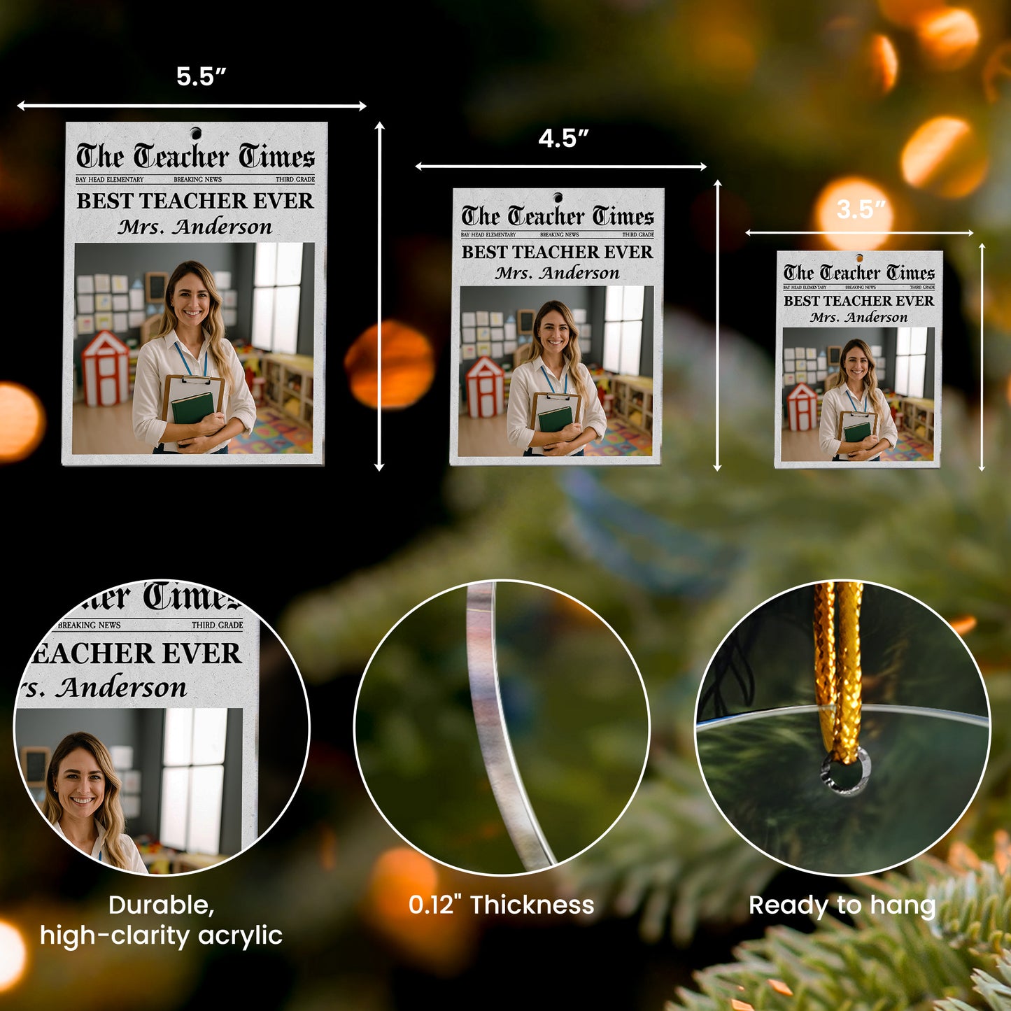 The Teacher Times - Teacher Appreciation Gift - Personalized Acrylic Photo Ornament