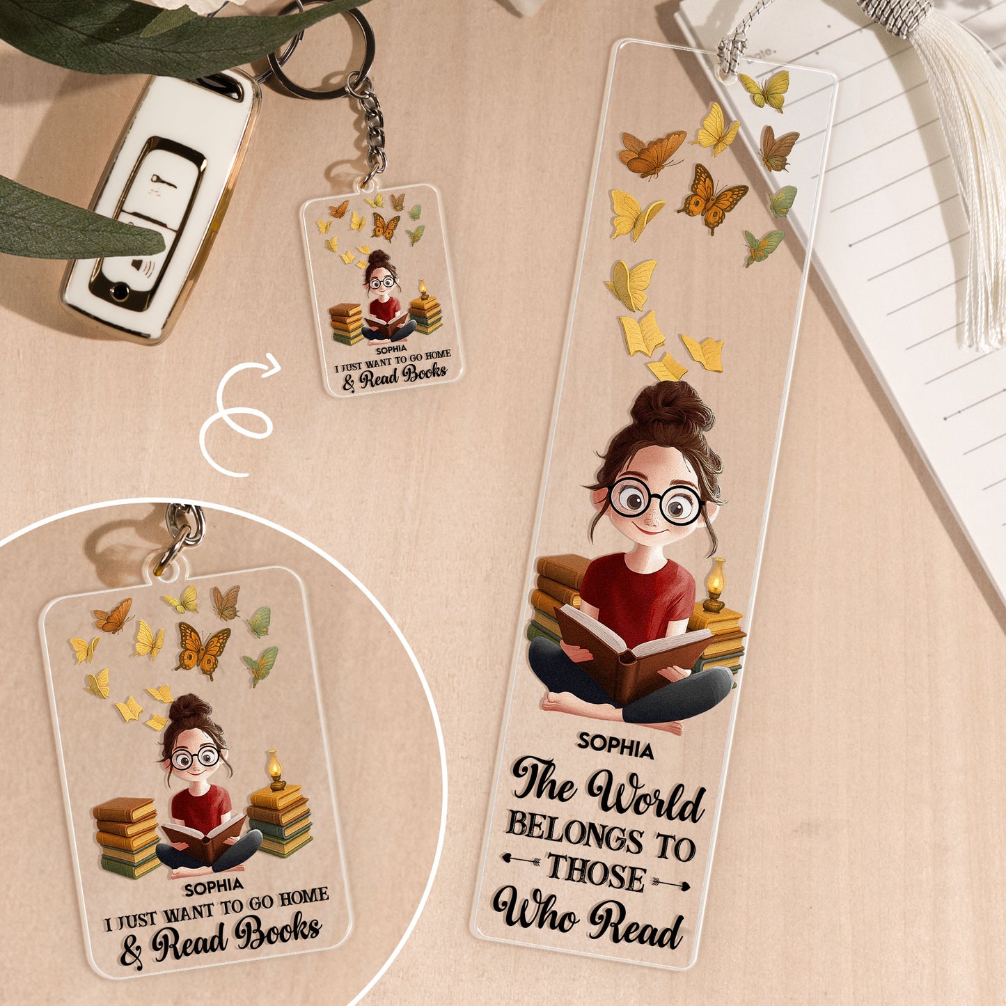 The World Belongs To Those Who Read - Personalized Acrylic Bookmark And Keychain Set