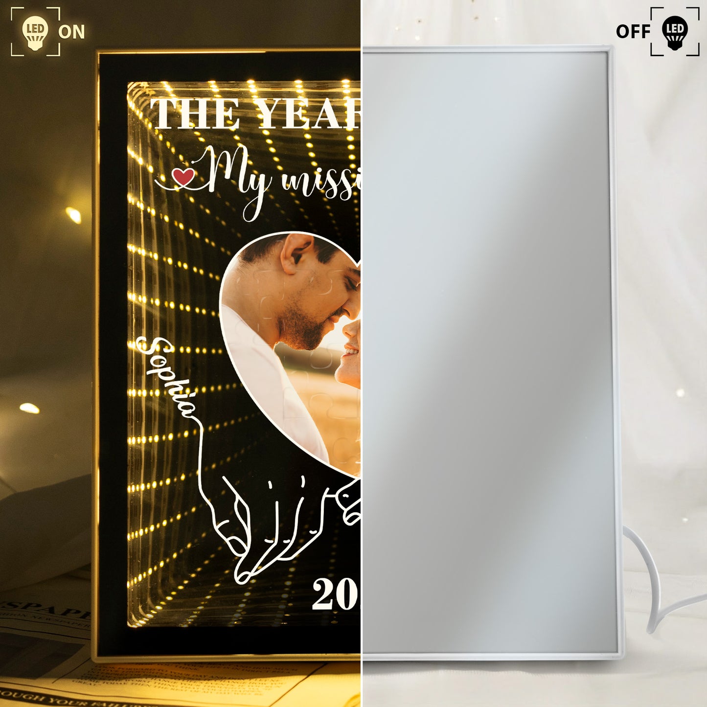 The Year I Found My Missing Piece  Anniversary Valentine's Day Gift - Personalized Photo Infinity Mirror Light Box