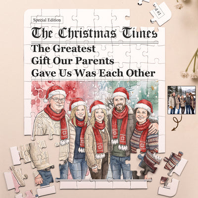 The Christmas Times Family Siblings Gifts Custom Photo Watercolor - Personalized Jigsaw Puzzle
