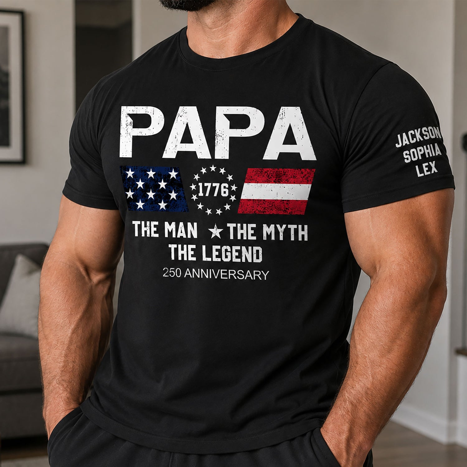 The-Man-The-Myth-The-Legend-Dad,-Papa-250-Years-Anniversary-Custom-Kids'-Names-On-Sleeve-Personalized-Shirt-1