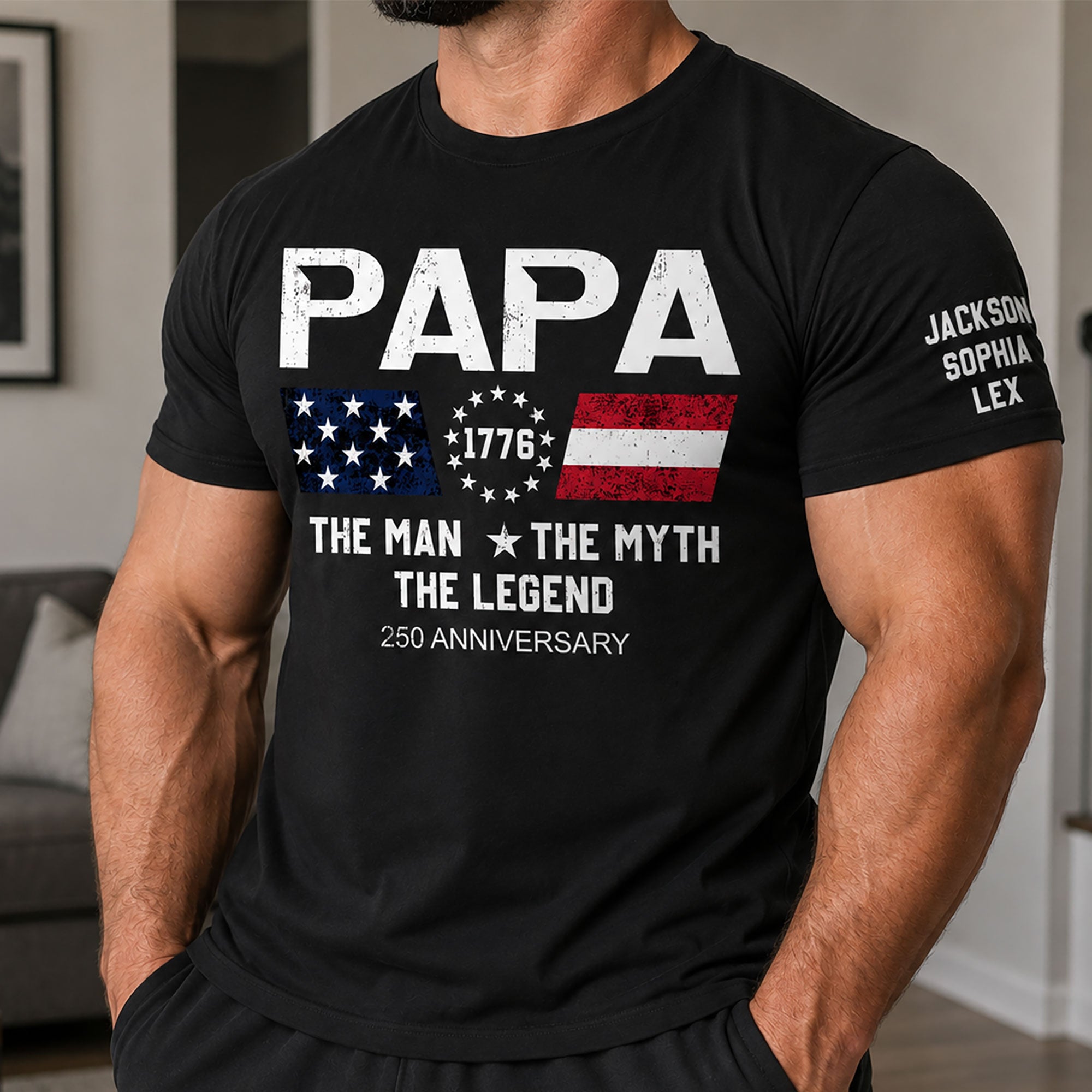 The-Man-The-Myth-The-Legend-Dad,-Papa-250-Years-Anniversary-Custom-Kids'-Names-On-Sleeve-Personalized-Shirt-1