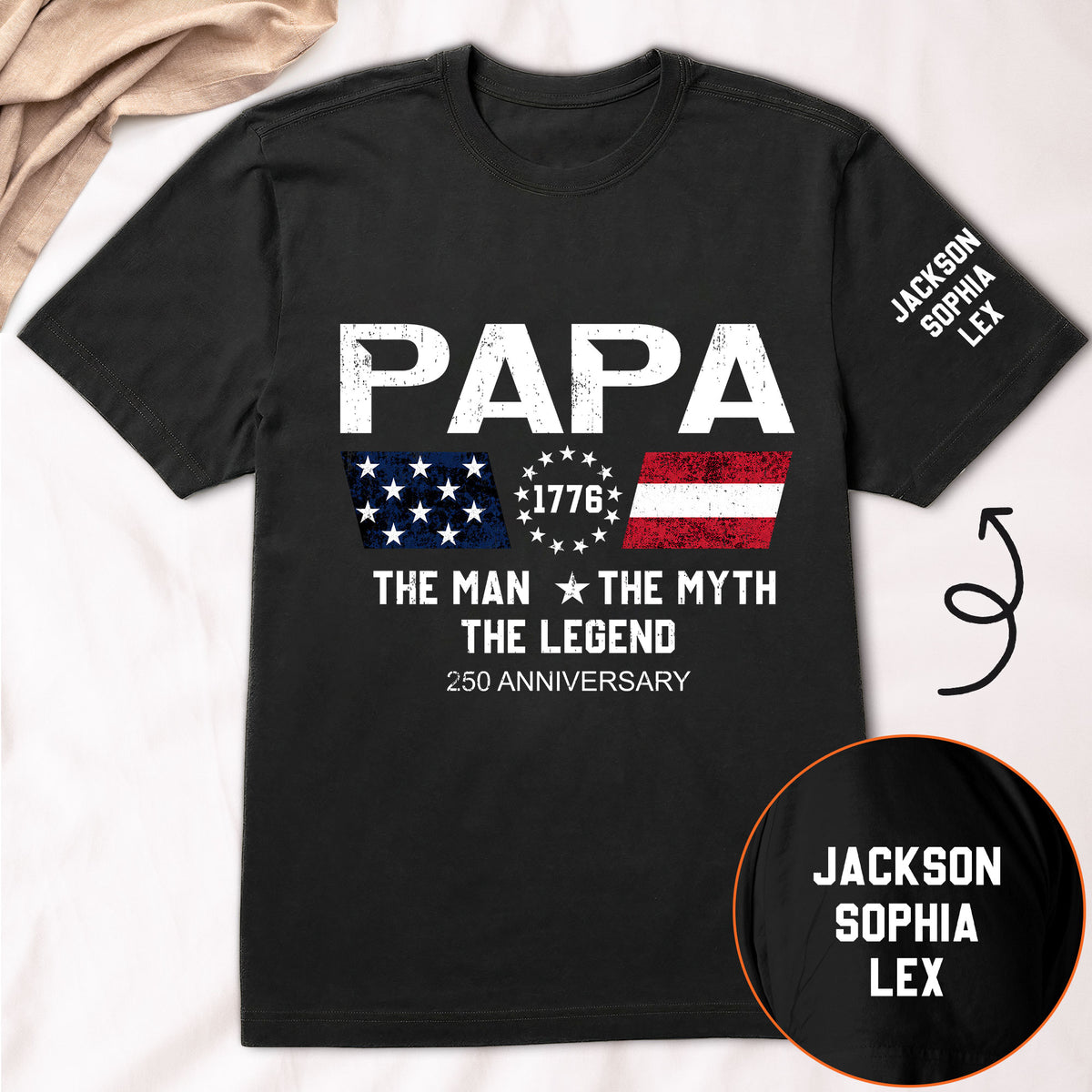 The-Man-The-Myth-The-Legend-Dad,-Papa-250-Years-Anniversary-Custom-Kids'-Names-On-Sleeve-Personalized-Shirt-2