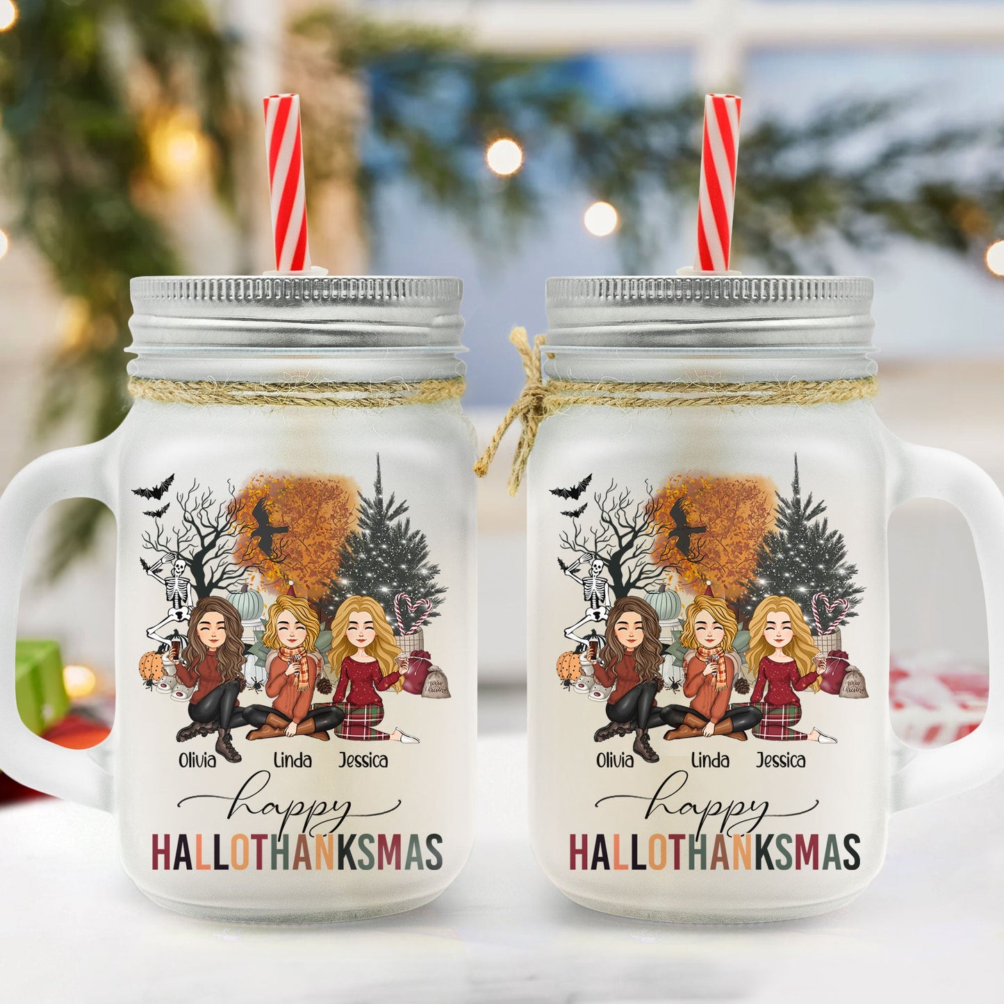 Happy Hallothanksmas Besties Friendship - Personalized Mason Jar Cup With Straw