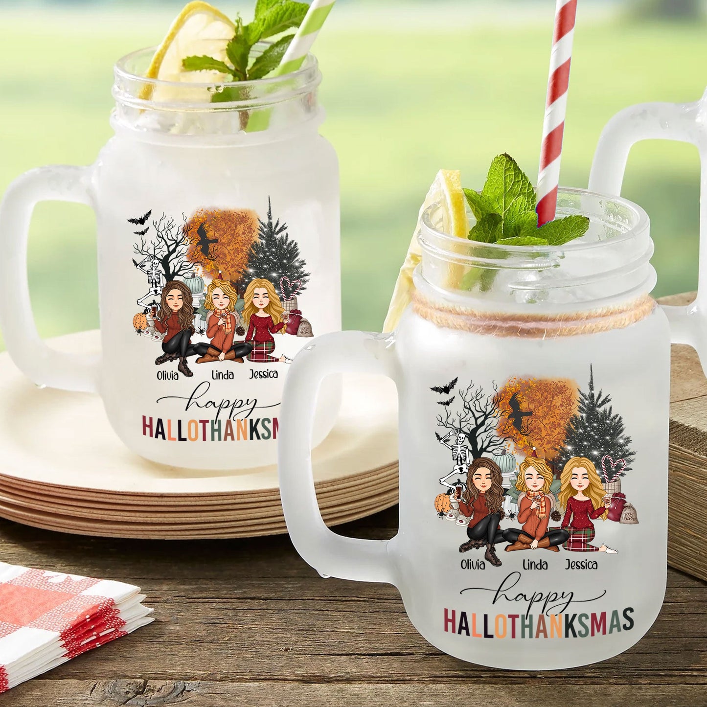 Happy Hallothanksmas Besties Friendship - Personalized Mason Jar Cup With Straw