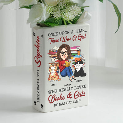 There Was A Girl Who Really Loved Books And Cats - Personalized Ceramic Book Vase