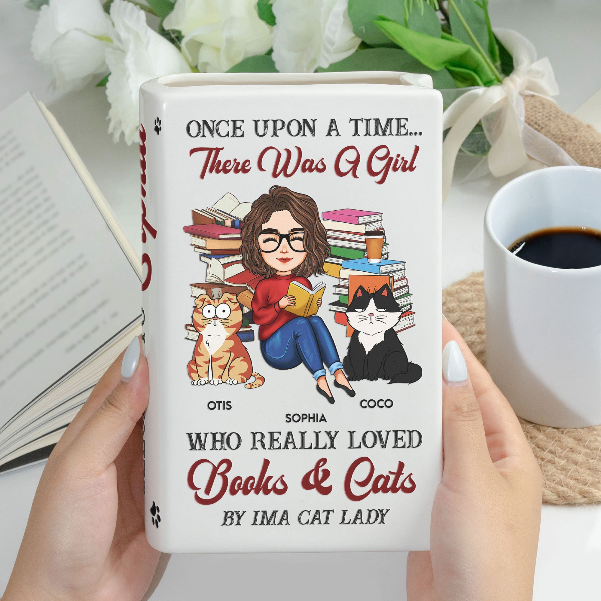 There Was A Girl Who Really Loved Books And Cats - Personalized Ceramic Book Vase